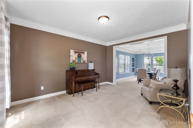 9378 Oak Brook Dr, Clearcreek Twp, OH 45458 - sitting room with baseboards, ornamental molding, light carpet, a chandelier, and a textured ceiling