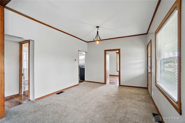 carpeted spare room featuring ornamental molding and baseboards