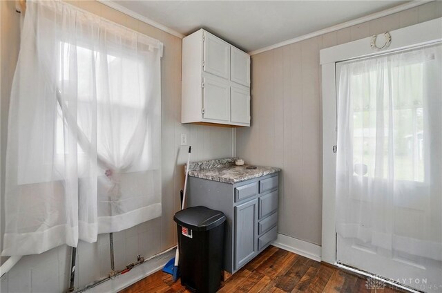 washroom featuring ornamental molding and dark wood finished floors