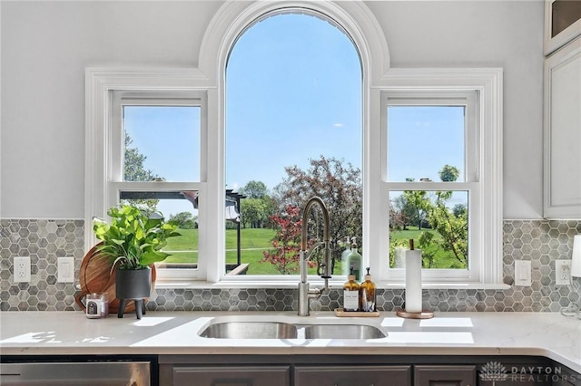 kitchen view of a sink, dishwasher, light countertops, and decorative backsplash