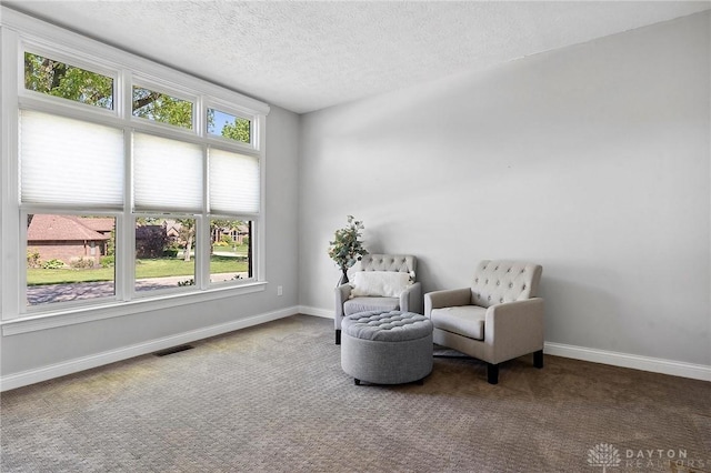 sitting room featuring carpet flooring, baseboards, and a textured ceiling