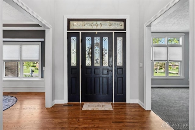 entryway featuring baseboards and dark wood-style flooring