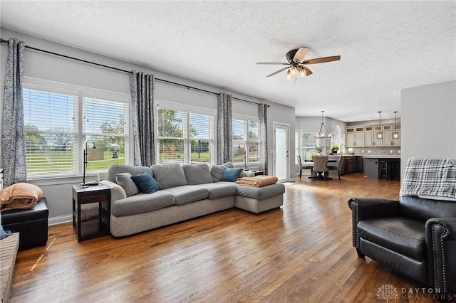 living area with wood finished floors, ceiling fan, plenty of natural light, and a textured ceiling