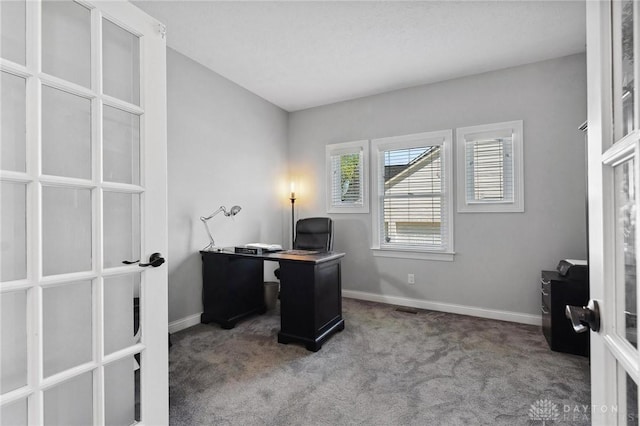 office featuring carpet, french doors, and baseboards
