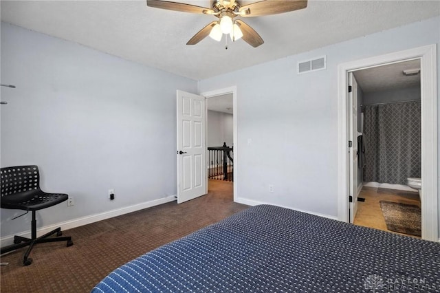 bedroom featuring carpet floors, baseboards, and a ceiling fan