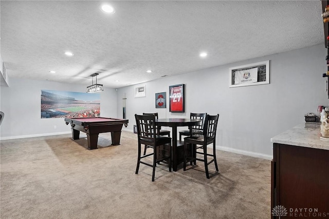 playroom with light carpet, recessed lighting, a textured ceiling, baseboards, and billiards