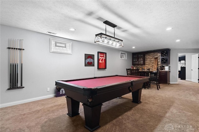 playroom featuring a textured ceiling, recessed lighting, carpet, pool table, and baseboards