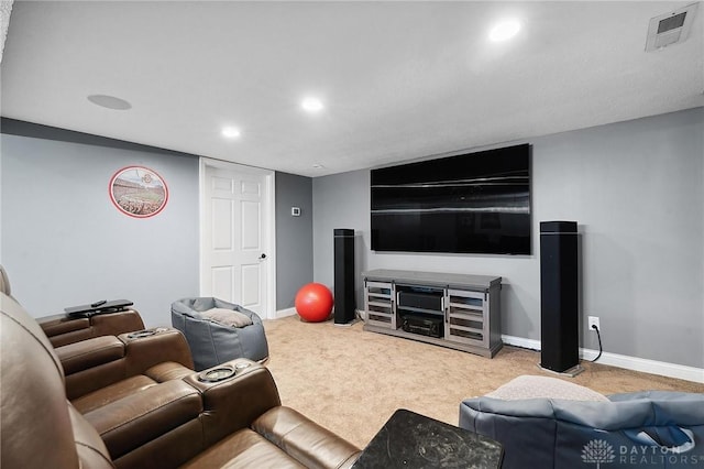living room with carpet, recessed lighting, and baseboards