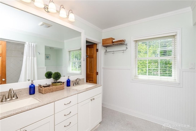 135 E Dixon Ave, Oakwood, OH 45419 - full bathroom featuring wainscoting, crown molding, double vanity, and a shower with curtain