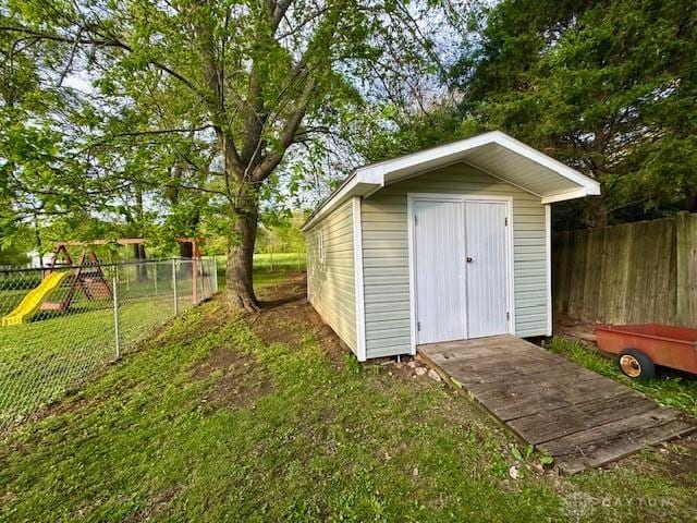 view of shed featuring a playground