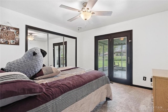 bedroom with carpet, access to exterior, baseboards, french doors, and a ceiling fan