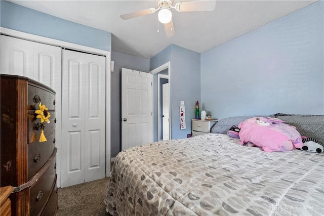 carpeted bedroom with a closet and a ceiling fan