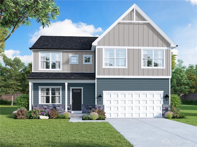 490 Red Maple Ln, Wilmington, OH 45177 - craftsman-style home featuring board and batten siding, stone siding, a front lawn, concrete driveway, and an attached garage