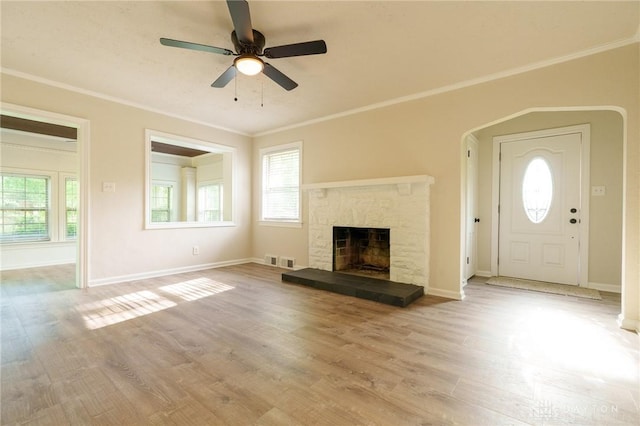 2182 La Grange Rd, Beavercreek, OH 45431 - unfurnished living room with plenty of natural light, ceiling fan, wood finished floors, and ornamental molding