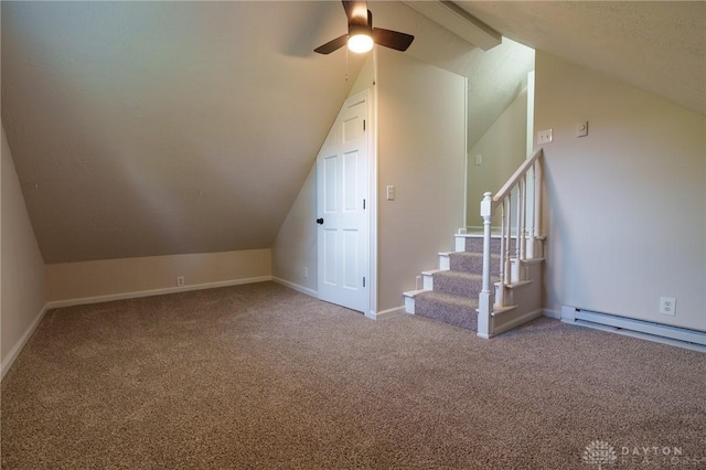 2182 La Grange Rd, Beavercreek, OH 45431 - additional living space with carpet floors, vaulted ceiling, a ceiling fan, stairs, and baseboard heating