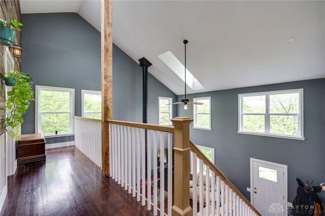 1803 Resor Rd, Fairfield, OH 45014 - corridor with hardwood / wood-style flooring, a skylight, high vaulted ceiling, and an upstairs landing