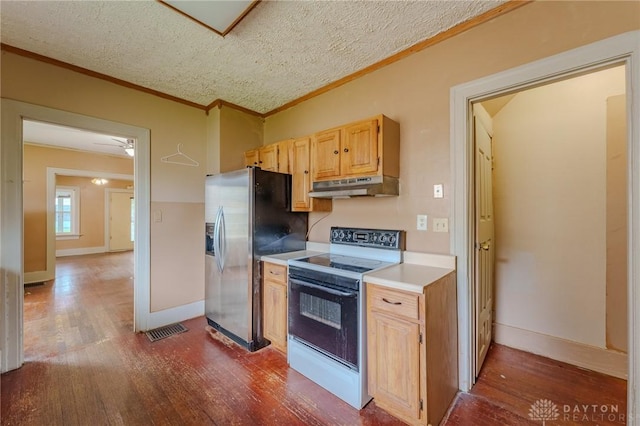2108 Auburn Ave, Dayton, OH 45406 - kitchen featuring white electric range oven, under cabinet range hood, stainless steel refrigerator with ice dispenser, dark wood-type flooring, and crown molding