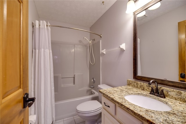 full bath featuring toilet, a textured ceiling, tile patterned flooring, vanity, and shower / bath combination with curtain