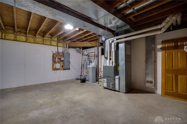unfinished basement with electric panel and heating unit