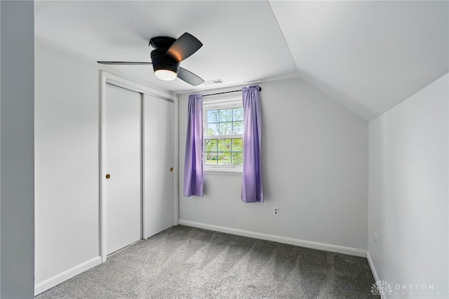 2917 California Ave, Dayton, OH 45419 - unfurnished bedroom with lofted ceiling, carpet flooring, a closet, baseboards, and ceiling fan