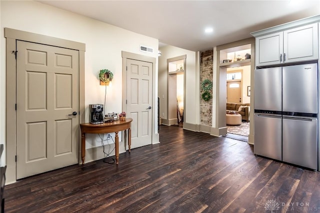 320 N Mechanic St, Lebanon, OH 45036 - kitchen with freestanding refrigerator, dark wood finished floors, and baseboards