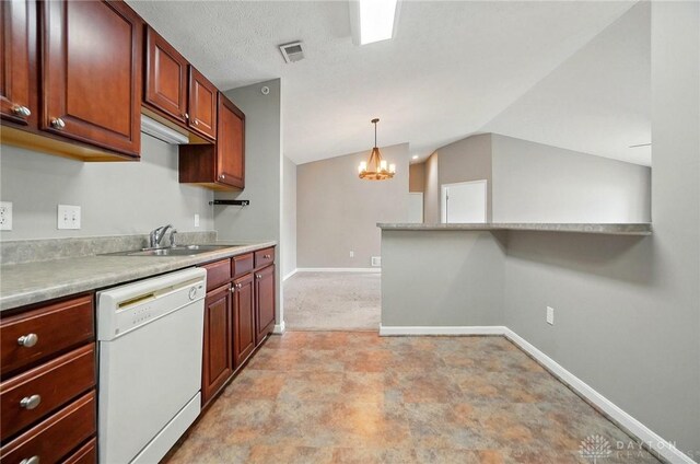 3128 Alexander Pl Unit 206, Beavercreek, OH 45431 - kitchen with dishwasher, a sink, a chandelier, light countertops, and lofted ceiling