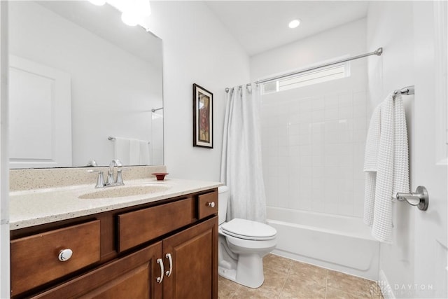 full bathroom with toilet, vanity, shower / bathtub combination with curtain, and tile patterned flooring