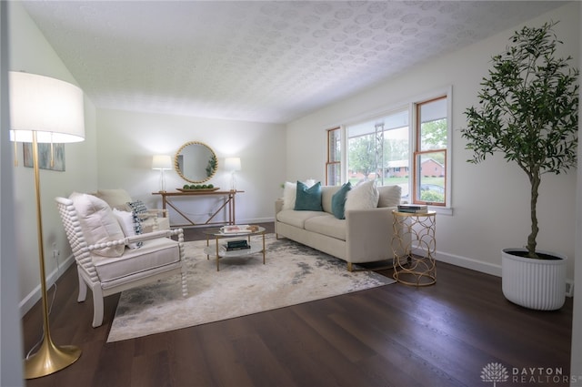 living room featuring baseboards, wood finished floors, and a textured ceiling
