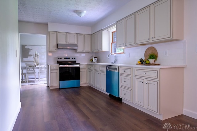 kitchen featuring electric range, dishwasher, decorative backsplash, under cabinet range hood, and light countertops