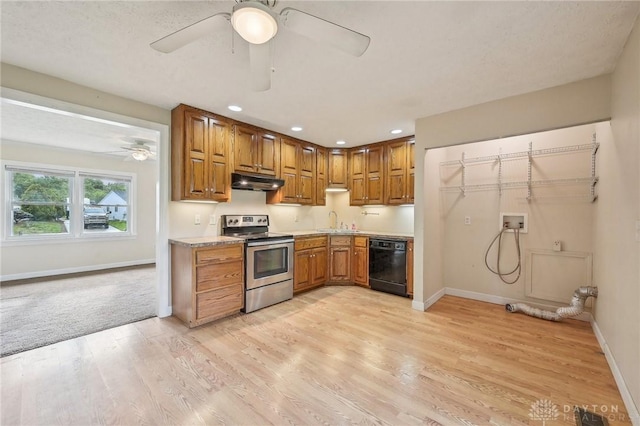 kitchen featuring electric range, dishwasher, under cabinet range hood, a ceiling fan, and light wood-style floors