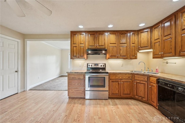 kitchen with stainless steel electric range, a sink, black dishwasher, exhaust hood, and brown cabinets