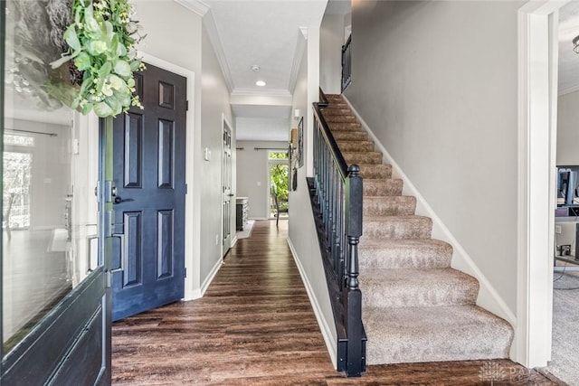 230 Stanton Dr, Springboro, OH 45066 - entryway with ornamental molding, stairs, wood finished floors, baseboards, and recessed lighting