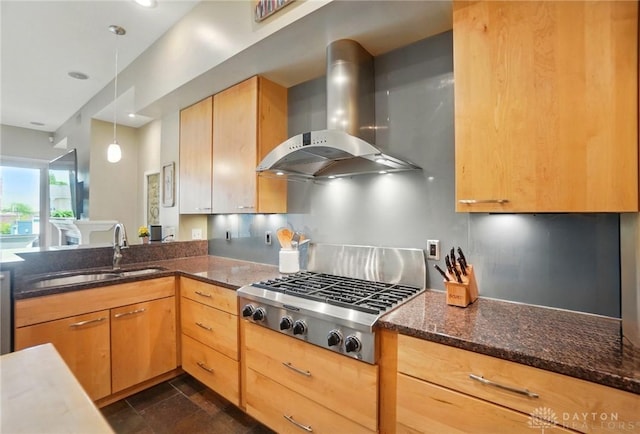 2731 Cleinview Ave Unit 2, Cincinnati, OH 45206 - kitchen featuring wall chimney range hood, stainless steel gas stovetop, a sink, dark stone countertops, and recessed lighting