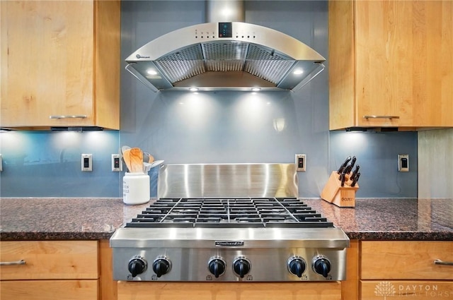 2731 Cleinview Ave Unit 2, Cincinnati, OH 45206 - kitchen featuring stainless steel gas stovetop, exhaust hood, light brown cabinets, and dark stone counters