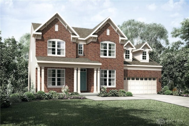 view of front facade featuring concrete driveway, a front lawn, brick siding, and a shingled roof