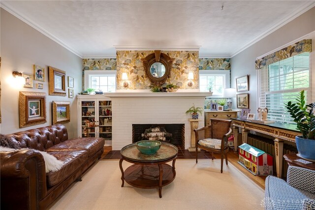 65 N Central Ave, Fairborn, OH 45324 - living area featuring wood finished floors, plenty of natural light, a fireplace, ornamental molding, and a textured ceiling