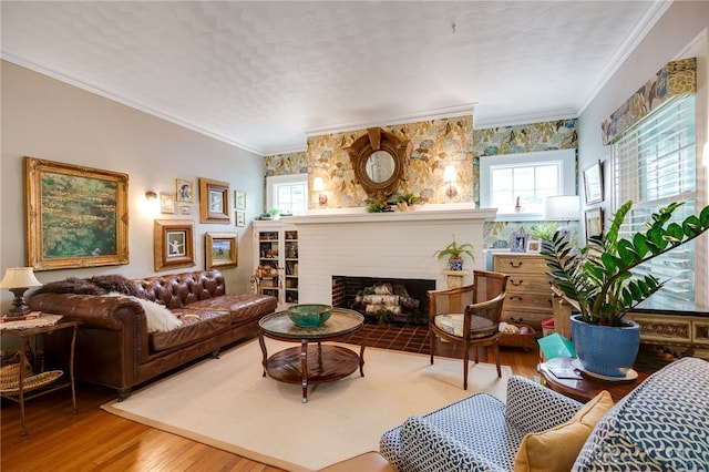 65 N Central Ave, Fairborn, OH 45324 - living area with healthy amount of natural light, wood finished floors, a fireplace, crown molding, and a textured ceiling