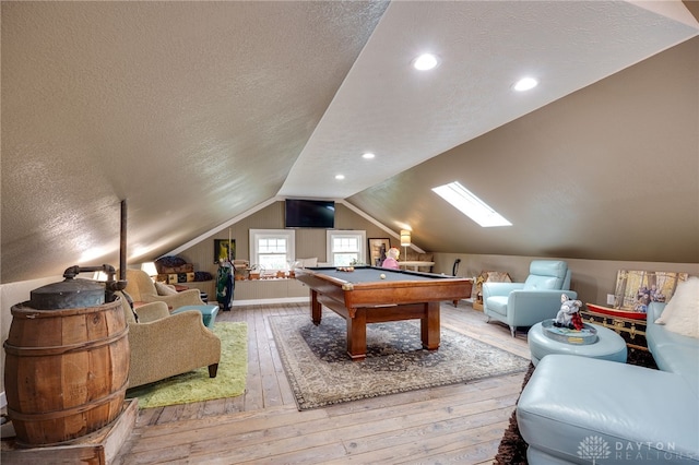 65 N Central Ave, Fairborn, OH 45324 - playroom with a textured ceiling, wood-type flooring, billiards, lofted ceiling, and a skylight