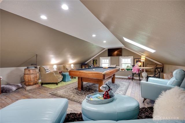 65 N Central Ave, Fairborn, OH 45324 - playroom with wood-type flooring, billiards table, vaulted ceiling, a textured ceiling, and recessed lighting