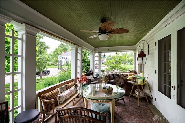 65 N Central Ave, Fairborn, OH 45324 - sunroom / solarium with a ceiling fan, wooden ceiling, healthy amount of natural light, and french doors