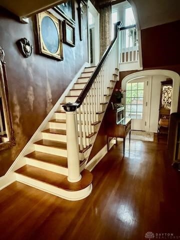 65 N Central Ave, Fairborn, OH 45324 - stairway with wood finished floors, arched walkways, and a towering ceiling