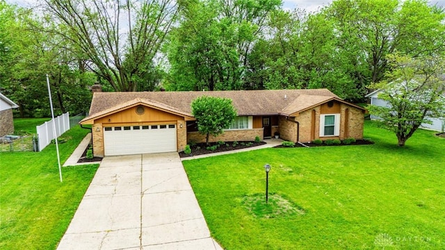 ranch-style home with driveway, an attached garage, brick siding, and a chimney