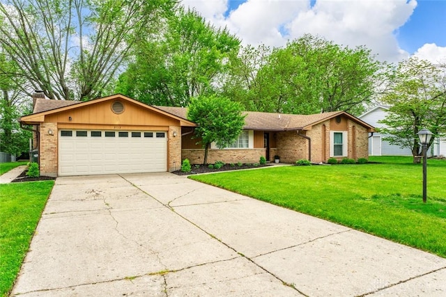 single story home featuring brick siding, concrete driveway, an attached garage, and a chimney