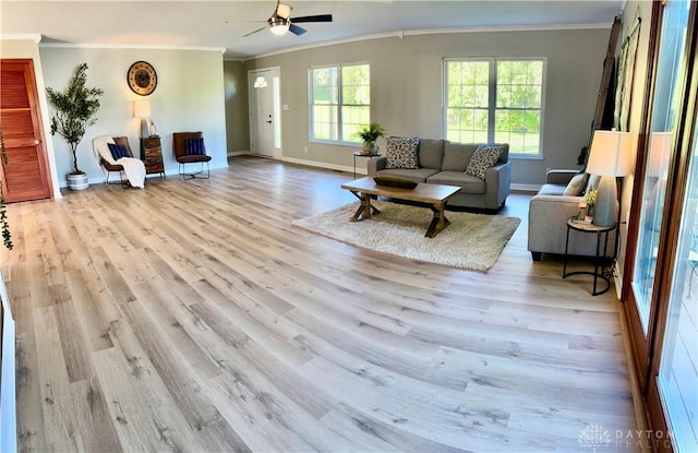living room featuring wood finished floors, ornamental molding, baseboards, and a ceiling fan