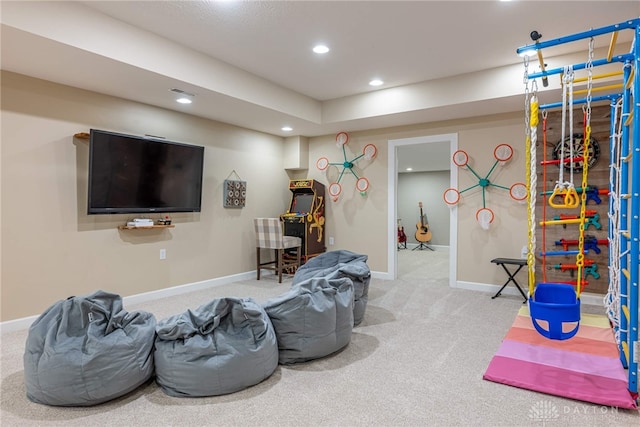 playroom featuring carpet floors, recessed lighting, and baseboards