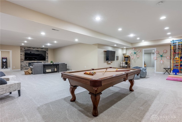 recreation room featuring light colored carpet, a fireplace, billiards, recessed lighting, and baseboards
