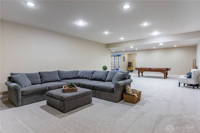 carpeted living area featuring recessed lighting, baseboards, and billiards table