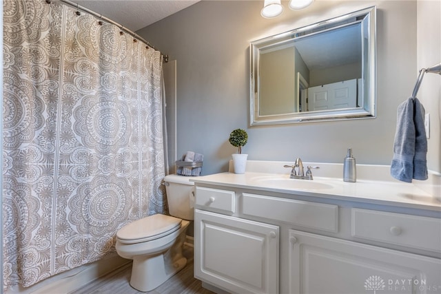 full bath featuring toilet, vanity, and a shower with curtain
