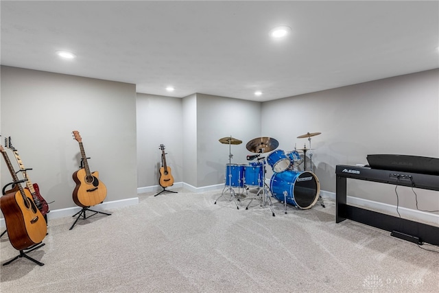 recreation room featuring carpet, baseboards, and recessed lighting