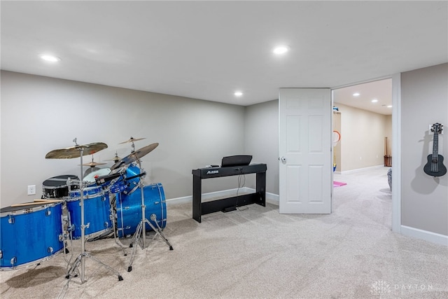 rec room featuring carpet flooring, baseboards, and recessed lighting